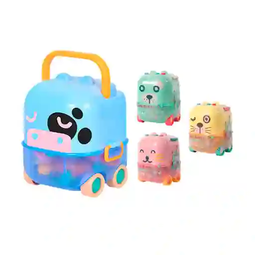 Estuche De Sonajeros Vaquita Azul 5pz Caritas De Animales, Con Rascaencias, Hechos En Silicona De Grado Alimenticio Y Plástico Abs Sin Bpa, Estuche Con Luces Y Melodías