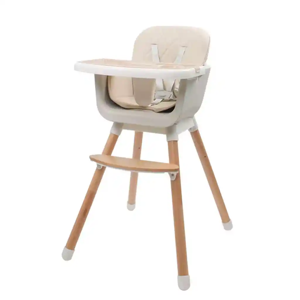 Silla Comedor Beige 3 En 1 Con Patas De Madera, Ajustable A Silla Alta, Silla Comedor Y Silla Baja, Doble Bandeja Extraíble, Arnés De Seguridad, Forro Impermeable