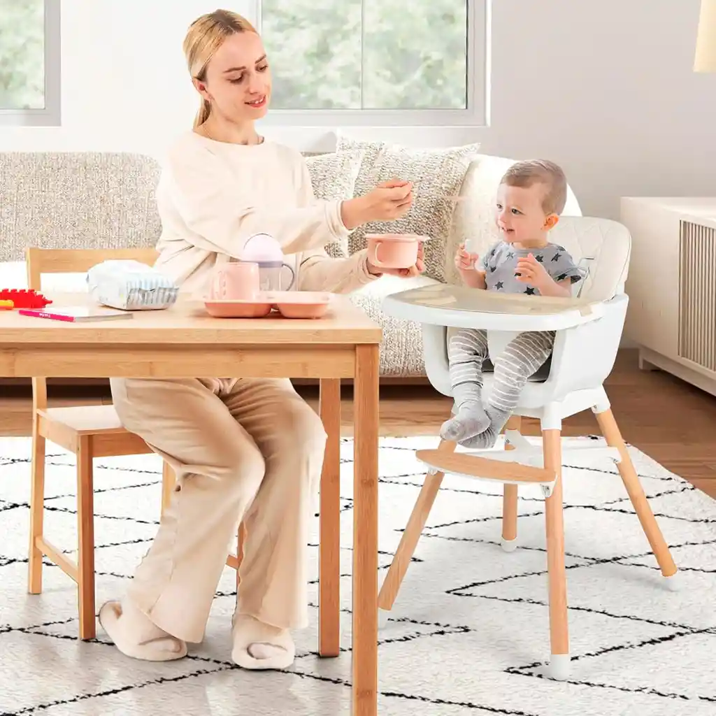 Silla Comedor Beige 3 En 1 Con Patas De Madera, Ajustable A Silla Alta, Silla Comedor Y Silla Baja, Doble Bandeja Extraíble, Arnés De Seguridad, Forro Impermeable