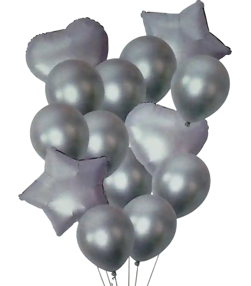 Bouquet Globos Y Bombas Metalizadas Plata 14 Piezas