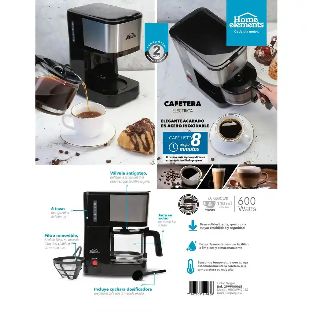 Cafetera Home Elements Hecm-9420ss Negra 6 Tazas