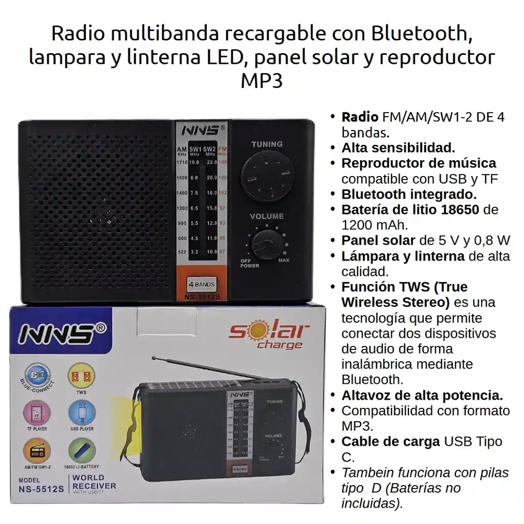 Radio Recargable Con Bluetooth, Lampara Y Linterna Led, Panel Solar Y Reproductor Mp3