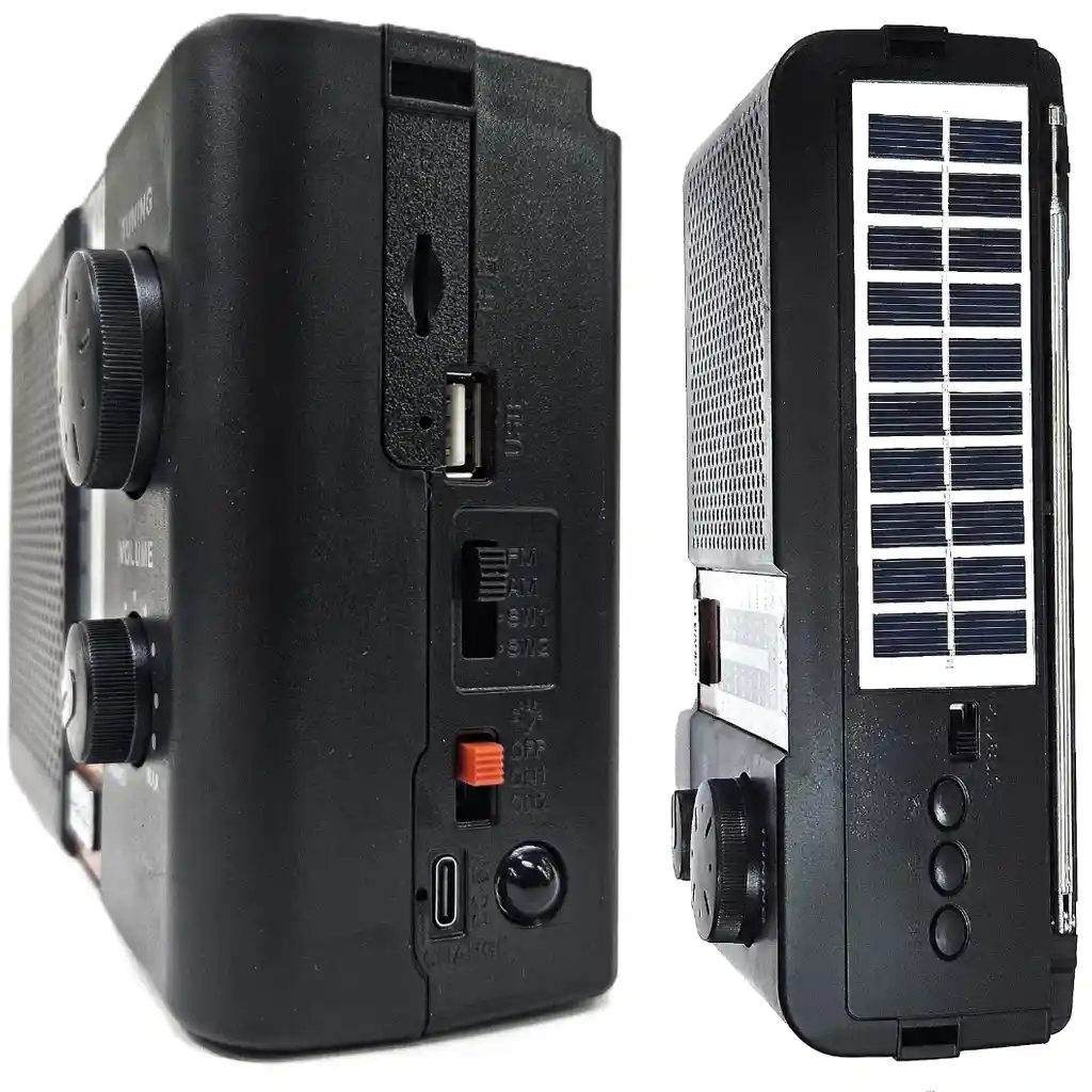 Radio Recargable Con Bluetooth, Lampara Y Linterna Led, Panel Solar Y Reproductor Mp3