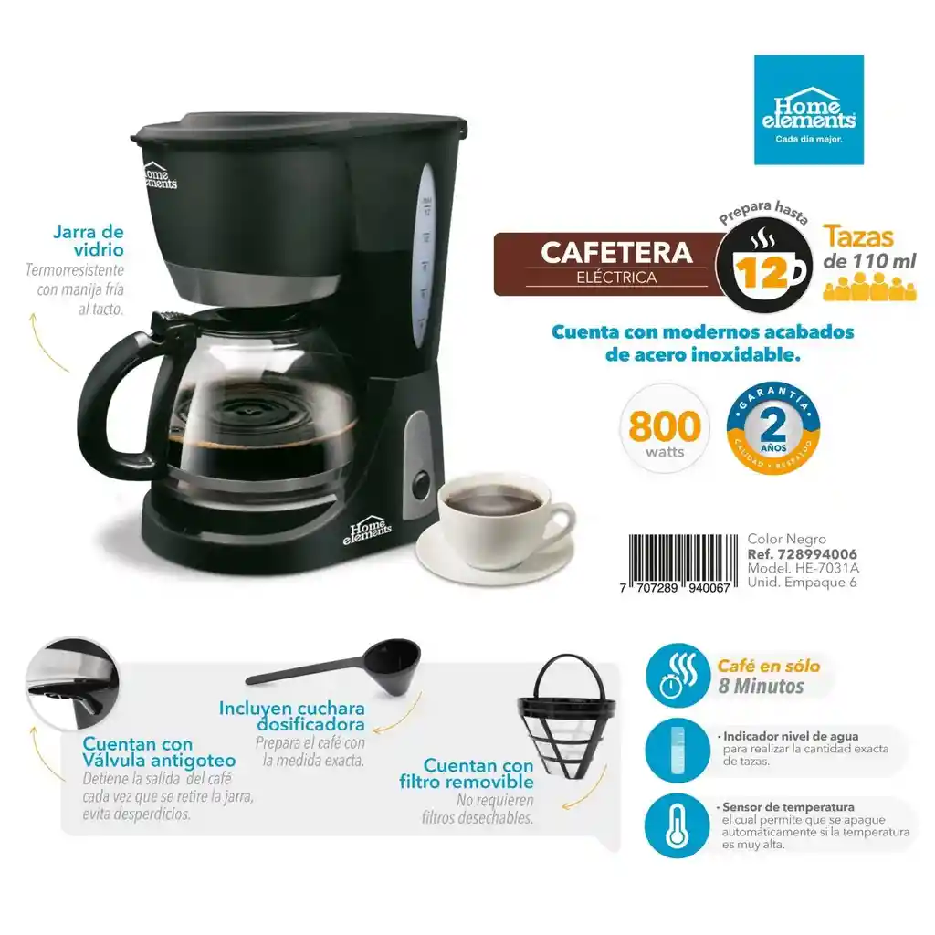 Cafetera Eléctrica Home Elements He-7031a Negra 12 Tazas
