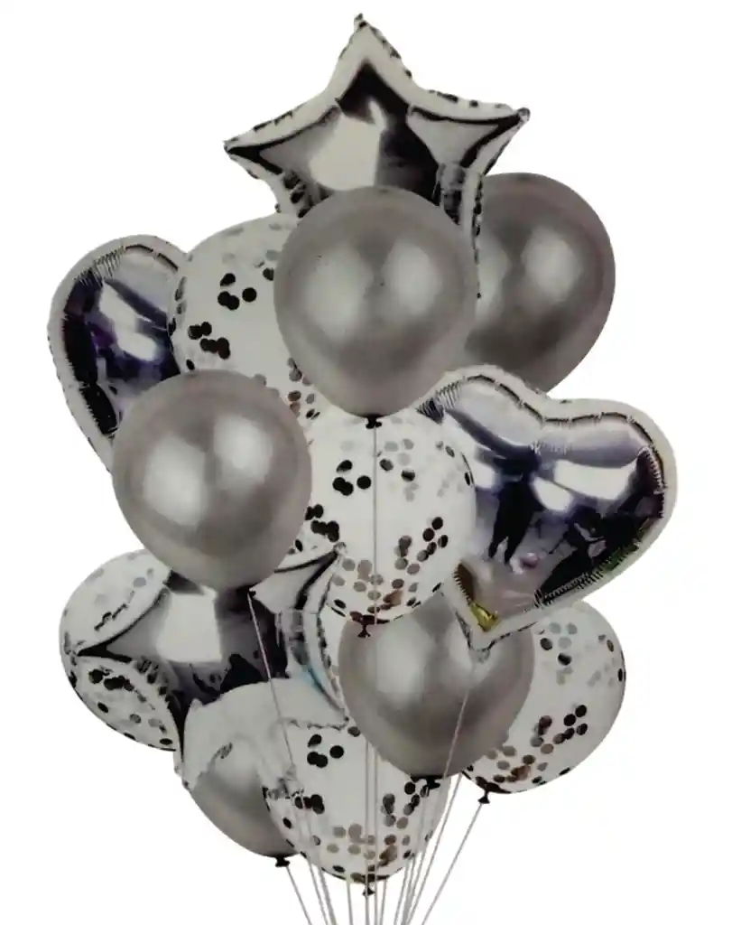 Bouquet Globos Y Bombas Confetti Metalizadas Plata 14 Piezas