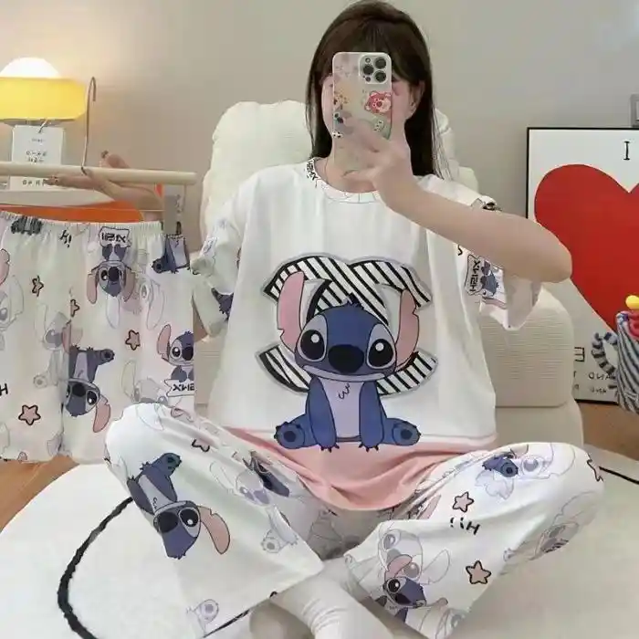 Pijama Tres Piezas Stitch Talla Única (camiseta + Pantalón + Short)