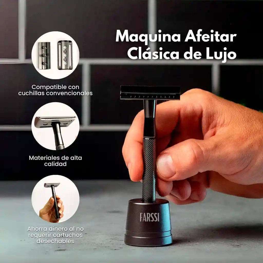 Maquina Afeitar Clásica Acero Lnoxidable Base Lujo + 5 Cuchillas