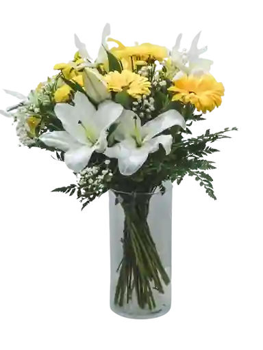 Lirios Blancos, Gerberas Amarillas En Jarronn