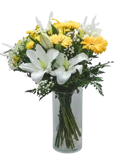 Lirios Blancos, Gerberas Amarillas En Jarronn