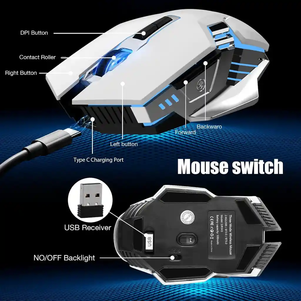 Mouse Gamer Inalámbrico Blanco 3 En 1 - Rgb, Silencioso Y Recargable