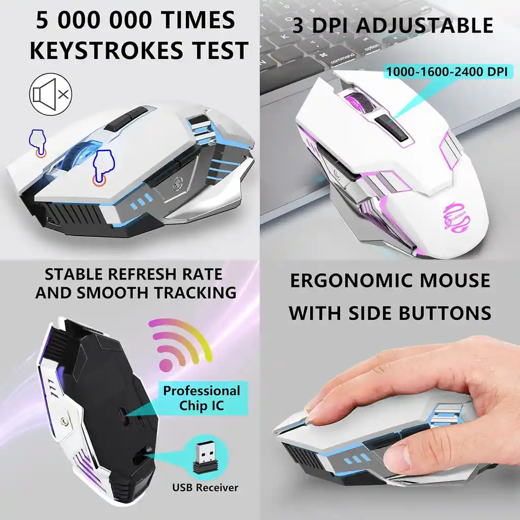 Mouse Gamer Inalámbrico Blanco 3 En 1 - Rgb, Silencioso Y Recargable