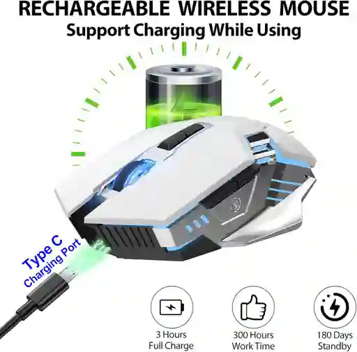 Mouse Gamer Inalámbrico Blanco 3 En 1 - Rgb, Silencioso Y Recargable
