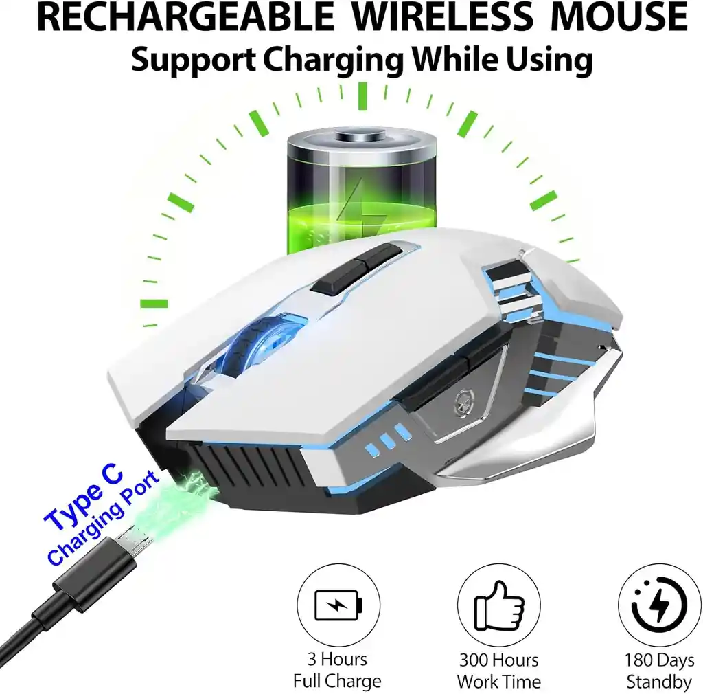 Mouse Gamer Inalámbrico Blanco 3 En 1 - Rgb, Silencioso Y Recargable