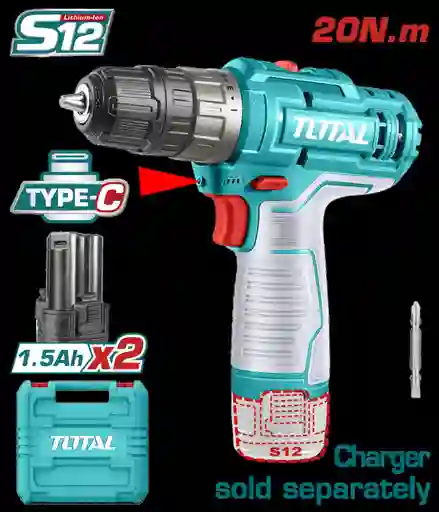 Taladro Inalambrico 3/8 12v Incluye Dos Bateria Ion De Litio Cargador No Incluido Total (tdli12202)