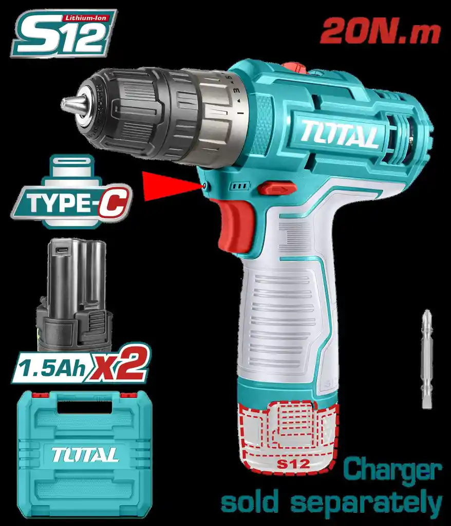 Taladro Inalambrico 3/8 12v Incluye Dos Bateria Ion De Litio Cargador No Incluido Total (tdli12202)