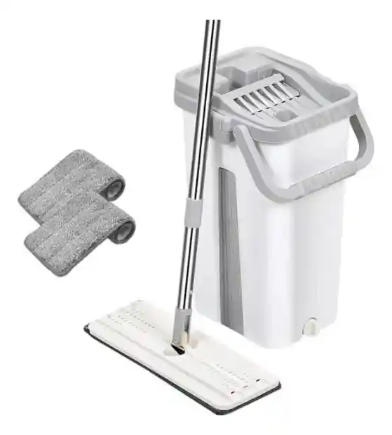 Mopa Plana Microfibra + Balde Escurridor + 2 Repuesto Lampazo