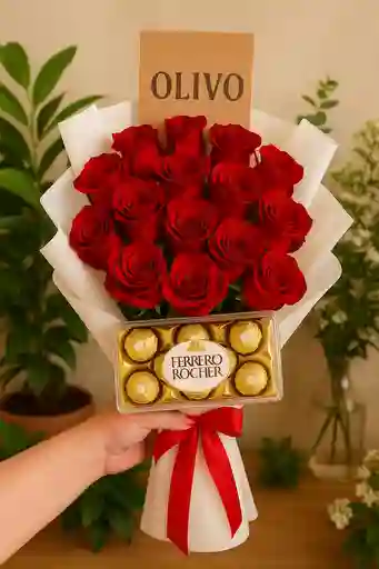 Bouquet 18 Rosas Rojas Delux + Caja De Ferrero Rocher X 12 Unidades