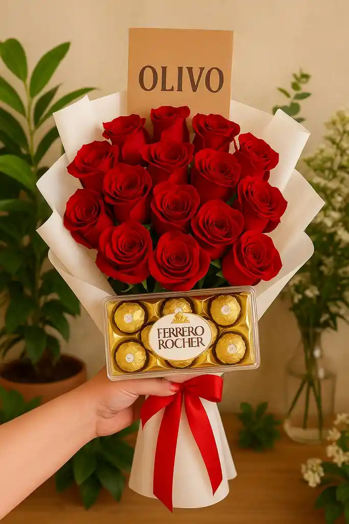 Bouquet 18 Rosas Rojas Delux + Caja De Ferrero Rocher X 12 Unidades