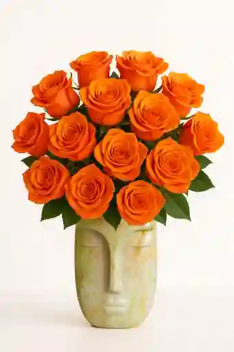 Matera Artística En Cerámica Estilo "cabeza David", Con 12 Rosas Color Naranja (mostaza)