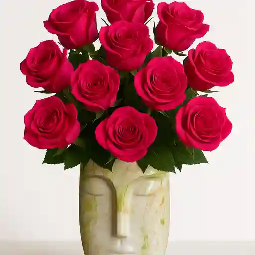 Matera Artística En Cerámica Estilo "cabeza David", Con 12 Rosas Color Fucsia