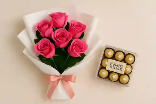Bouquet De 6 Rosas Rosadas, + Caja De Chocolates Ferrero Rocher X8 Unidades.