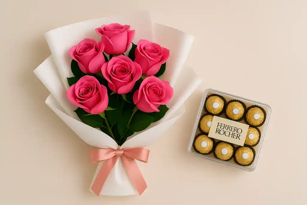Bouquet De 6 Rosas Rosadas, + Caja De Chocolates Ferrero Rocher X8 Unidades.