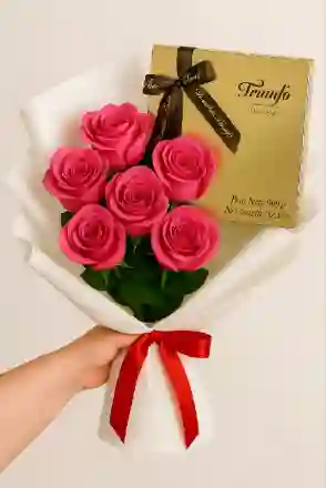 Bouquet De 6 Rosas Rosadas + Una Caja De Bombones De Chocolate Triunfo X9 Unidades