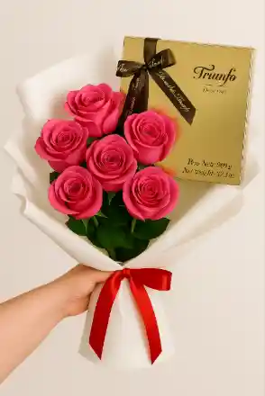 Bouquet De 6 Rosas Rosadas + Una Caja De Bombones De Chocolate Triunfo X9 Unidades