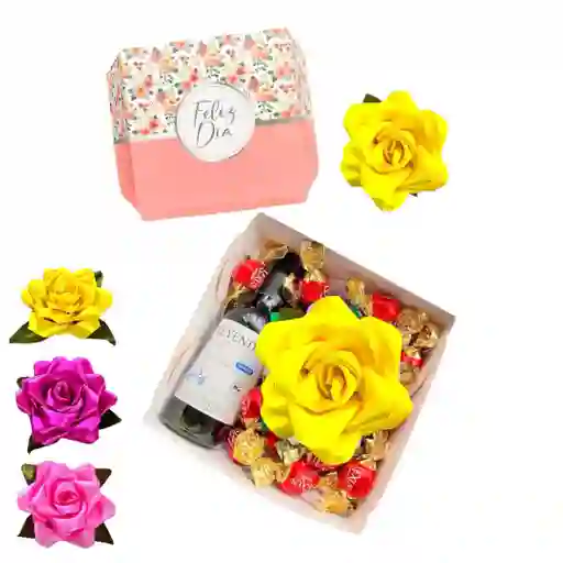 Regalo Caja Vino, Chcolates Y Flores Amarillas O Rosada O Blanca O Magenta O Roja Rosa Eterna