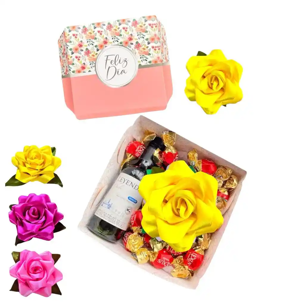 Regalo Caja Vino, Chcolates Y Flores Amarillas O Rosada O Blanca O Magenta O Roja Rosa Eterna