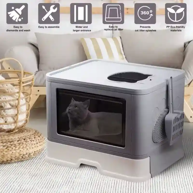 Caja De Arena Arenero Para Gatos Grande Plegable Hogar Con Puerta Fácil Limpieza