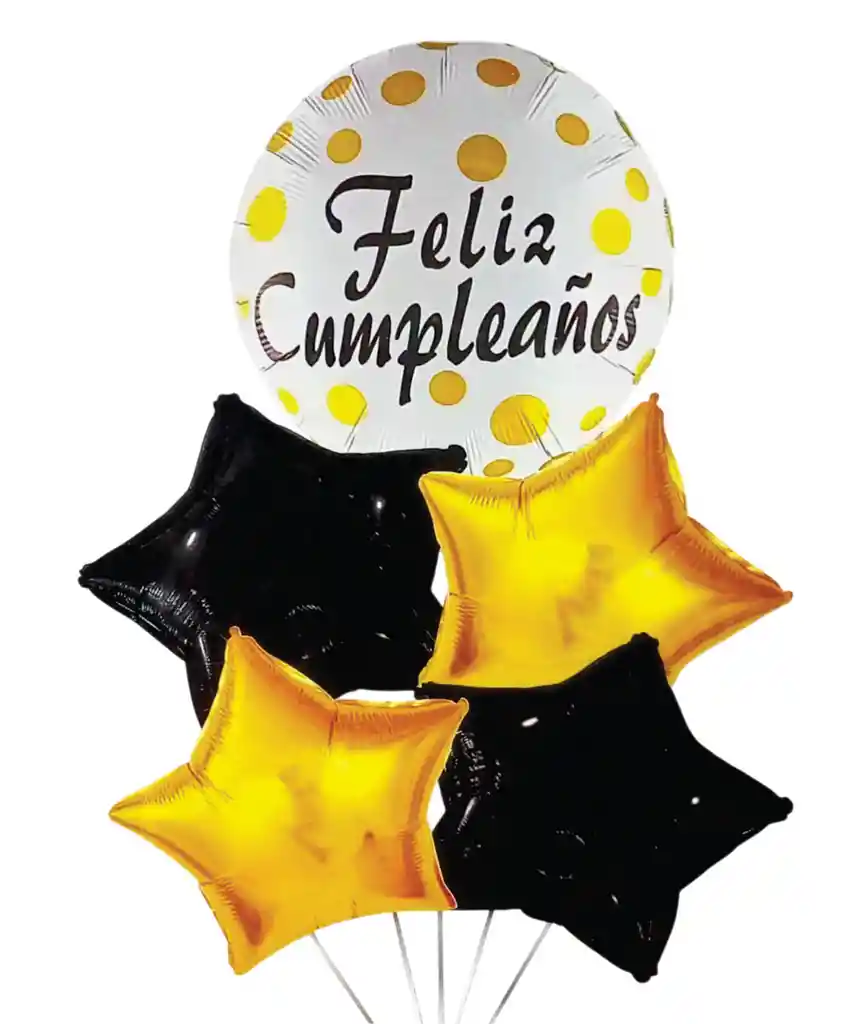 Bouquet Globos Y Bombas Feliz Cumpleaños Negro Y Dorado 5 Piezas