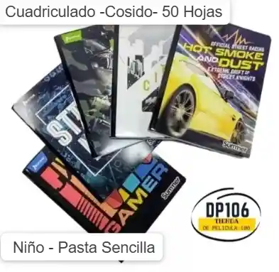 Cuaderno Cuadriculado Cosido Niño 50 Hojas Pasta Sencilla.