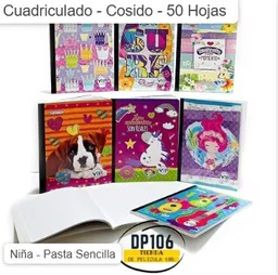 Cuaderno Cuadriculado Niña Cosido 50 Hojas Pasta Sencilla