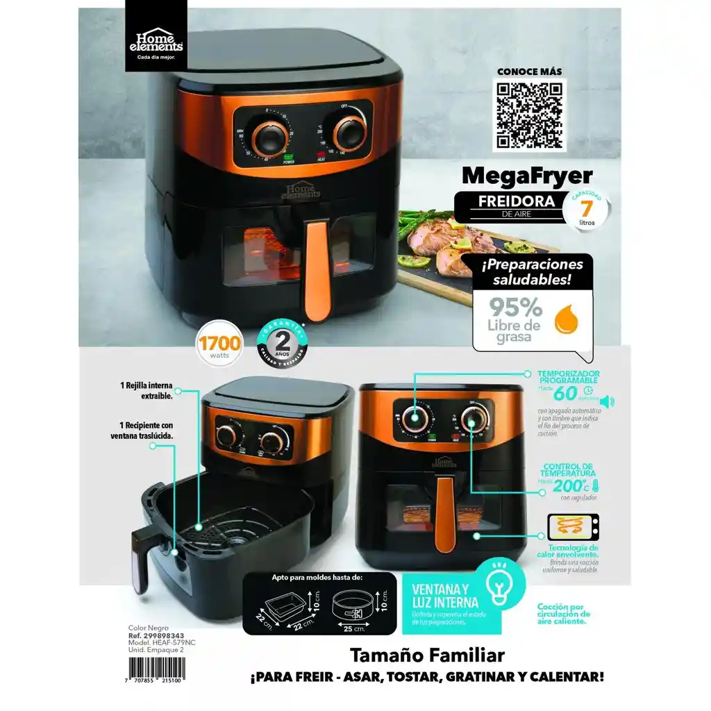Home Elements Freidora De Aire 7 Litros-mega Fryer