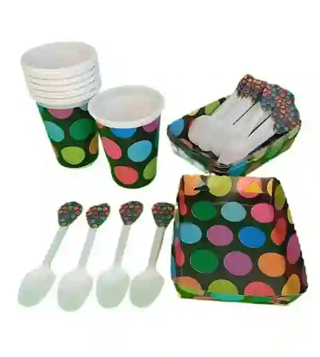 Kit Vasos Platos Cucharas Negro Puntos De Colores