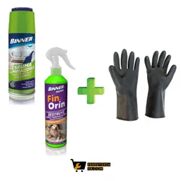 Espuma Limpiador De Tapiceria,telas Y Alfombras 250ml Binner + Fin Orin Destruye Olores Y Manchas De Orina 300ml Binner + Guantes De Caucho