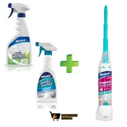 Desinfectante Anti Hongos 700ml Binner + Baños Y Duchas Limpiador Desinfectante 500ml Binner + Trapero Autoescurrible Microfibra Telescópico Binner