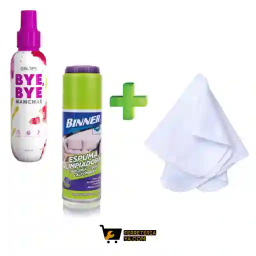 Drops Bye Bye Manchas 250ml + Bayetilla Blanca + Espuma Limpiador De Tapiceria,telas Y Alfombras 250ml Binner