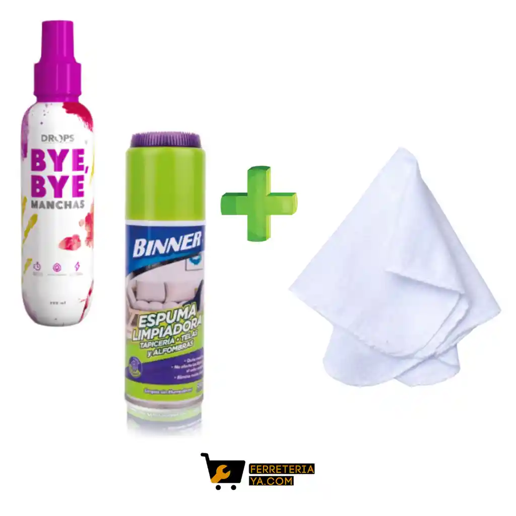 Drops Bye Bye Manchas 250ml + Bayetilla Blanca + Espuma Limpiador De Tapiceria,telas Y Alfombras 250ml Binner