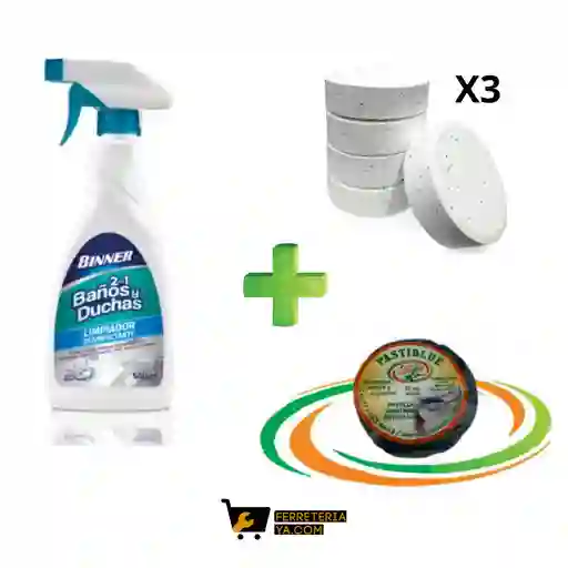 Baños Y Duchas Limpiador Desinfectante 500ml Binner + Pastilla Azul + Pastillas De Cloro