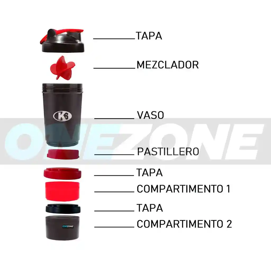 Vaso Shaker Mezclador Proteina K6 Pro Sport 4 En 1/ Negro - Rojo