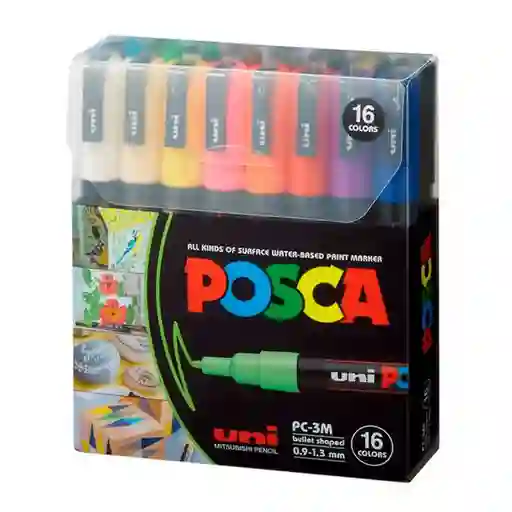 Marcador Posca Colores Fuertes 3m 0.9 - 1.3 Mm X 16 Unidades