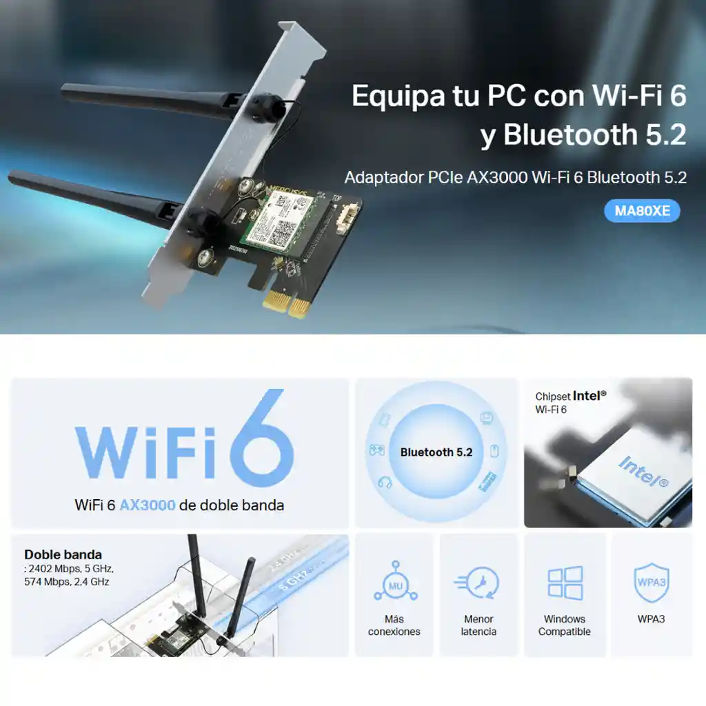 Tarjeta Red Pcie Ax3000 Wifi 6 Bluetooth 5.2 Mercusys Ma80xe
