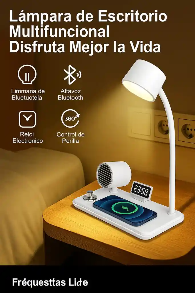 Lampara Bocina Bluetooth Cargador Inalámbrico Mesa Reloj
