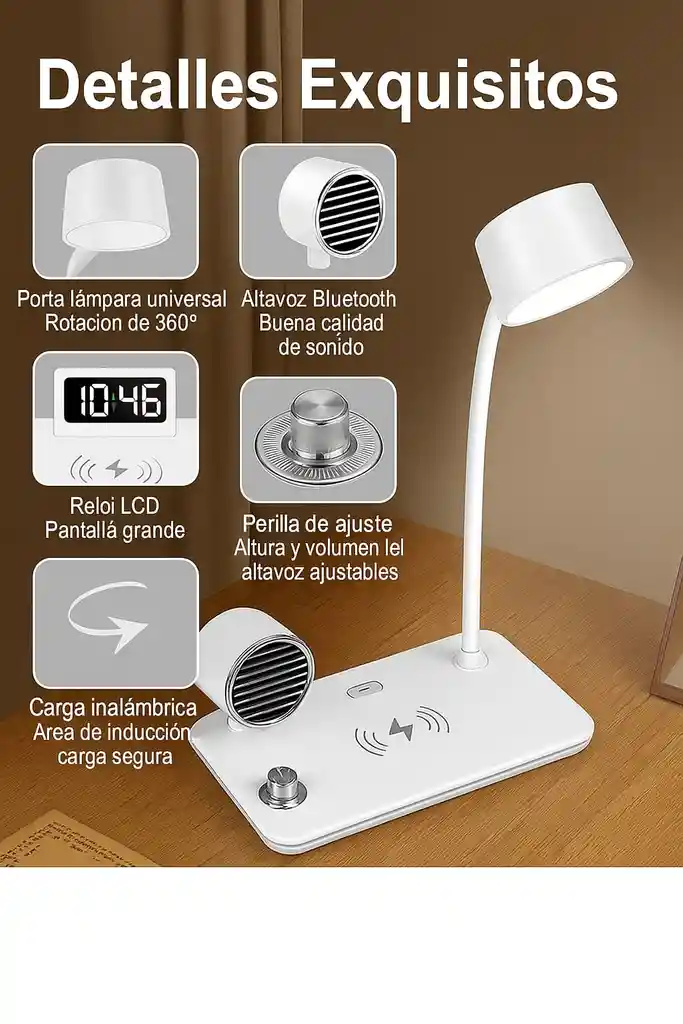Lampara Bocina Bluetooth Cargador Inalámbrico Mesa Reloj