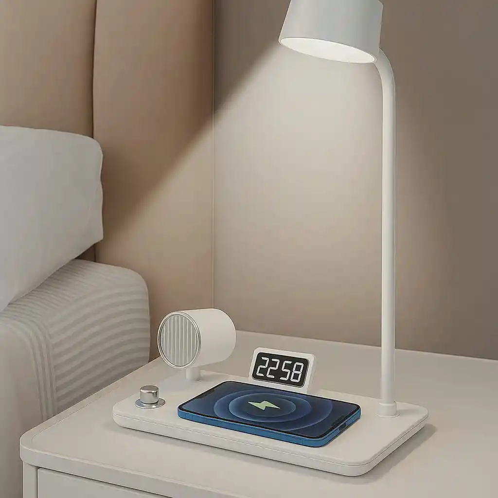 Lampara Bocina Bluetooth Cargador Inalámbrico Mesa Reloj