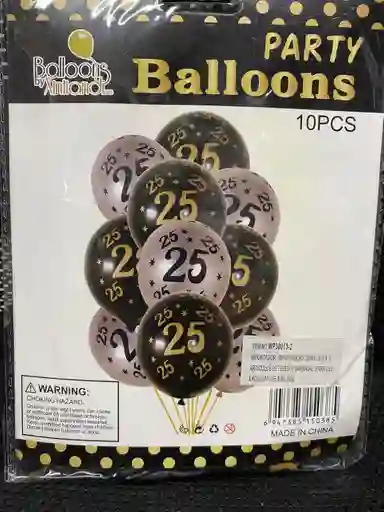 Party Balloons - Age 25. 10 Globos. Negro, Blanco, Y Dorado.