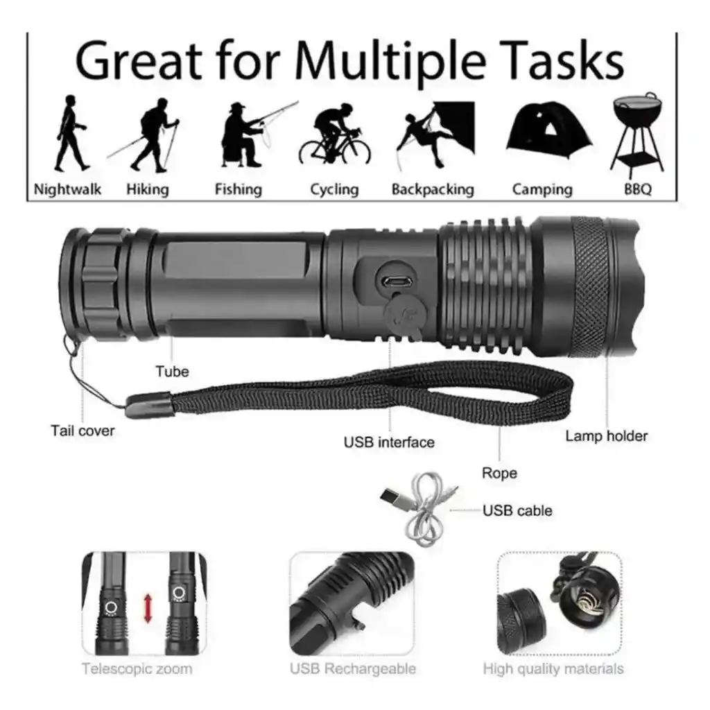 Linterna Led Tactica Recargable Usb, Zoom Camping Portatil P50