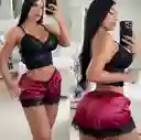 Pijama Vino Short Pantaloneta Satín Y Bralette Encaje
